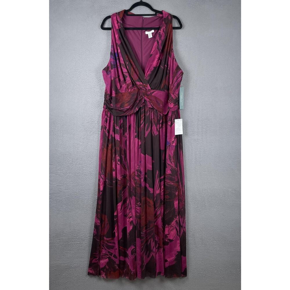London Times Dress Womens 18W Pink Maxi Floral V-Neck Lined Pleated Formal